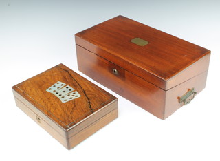 A rectangular Victorian rosewood card box inlaid mother of pearl with hinged lid 8cm x 28cm x 19cm together with a Victorian mahogany writing slope with hinged lid the base fitted a secret drawer 15cm x 40cm x 23cm 