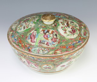 A 19th Century circular Cantonese bowl and cover decorated with panels of figures and insects 27cm 