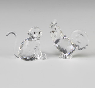 Two Swarovski Crystal figures - Zodiac Monkey and Zodiac Rooster by Anton Herzinger 289901/7693000004 2002 3cm, Zodiac Rooster 625189/7693000010 2004 3cm both boxed