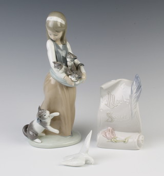 A Lladro figure of a girl holding a basket of kittens with a cat at her feet 1309 25cm together with a Lladro Society scroll 14cm 