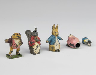 Four painted lead Beatrix Potter figures - Jemima Puddleduck (f), Jeremy Fisher, Peter Rabbit and Squirrel Nutkin (ear f) 