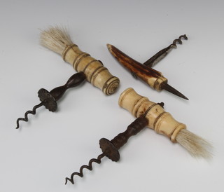 Two 19th Century steel corkscrews with turned bone handles together with a steel corkscrew with carved horn handle (worm reduced in length) 