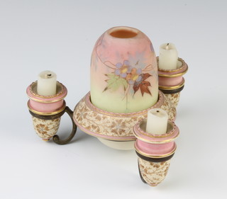 A Victorian ceramic 4 light candle holder with a Thomas Webb Queens Burmese Ware painted opaque glass shade 12cm 