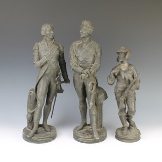 A pair of Victorian spelter figures of Nelson  and The Duke of Wellington both 44cm h, together with a figure of a musketeer 37cm  
