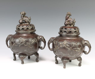 A pair of 19th Century Japanese bronze Koro the bodies with oval panels decorated birds amidst branches, having elephant twin handles pierced lids decorated seated dragons and raised on cabriole supports, one vase marked 5 to the inner lid 25cm x 15cm 