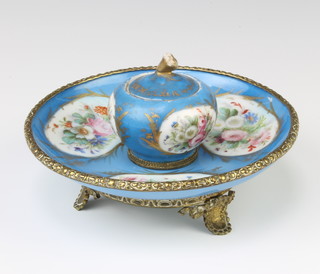 A 19th Century Sevres gilt metal mounted ink stand, the pale blue ground painted with spring flowers 16cm 