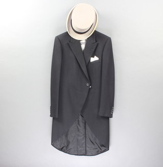 J Dege & Sons Savile Row, a gentleman's black tailcoat together with waistcoat, approx. size 42R together with a  gentleman's Lincoln Bennet grey top hat approx. size 7 1/4 and a black bowler hat by Locks size 7 (some damage to the rim)  