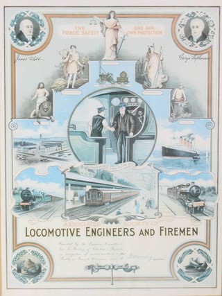 A restrike certificate poster "The Associated Society of Locomotive Engineers and Fireman" 62cm x 45cm 
