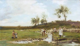 19th Century oil on canvas, unsigned, a rural study with shepherd and flock with figures 30cm x 50cm 