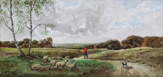 A L Busste, oil on canvas, signed, a shepherd and flock in an extensive landscape 16cm x 34cm 