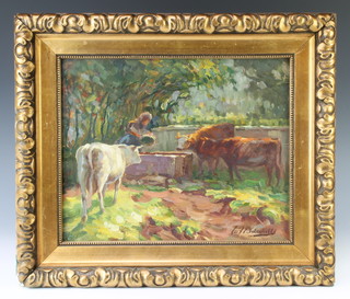 W H Burchill, oil on board, signed, cattle and a figure at a trough 25cm x 32cm 