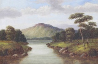 G Thomson, oil on canvas, signed, Scottish landscape with figures 39cm x 60cm 