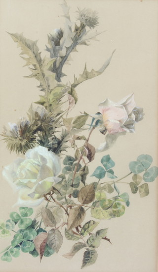 19th Century watercolour, unsigned, still life study of roses and thistles and clover 38cm x 23cm 