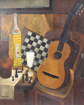Thiollier, oil on canvas, signed, cubist still life study with guitar, bottle, chess board, glass chess set, 79cm x 63cm 
