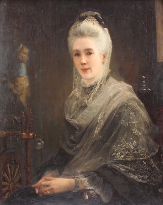 Otto Leyde (1835-1897) oil on canvas, signed, portrait of a lady wearing a lace shawl with pearl bracelet sitting beside a spinning wheel, 88cm x 71cm 