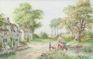 S G Howard, watercolour, signed, figure and cattle beside a pond in a rural landscape 42cm x 66cm 