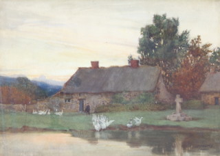 Louisa Margaret Watts, watercolour, signed, geese beside a thatched cottage at sunset 24cm x 34cm 
