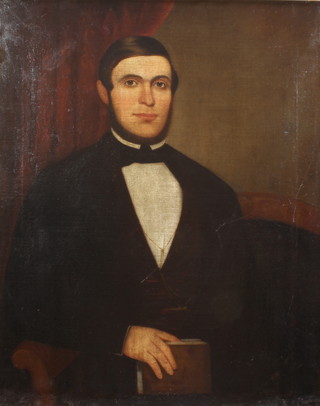 A 19th Century American naive oil on canvas, unsigned, study of a gentleman, the back of the canvas marked Prepared by Hollis & Wheeler, 39 Union St, Boston, Mass,  92cm x 72cm 