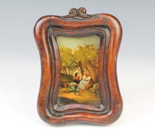 A 19th Century Continental oil on copper, unsigned, fete gallant scene contained in a carved walnut Rococo frame 10cm x 5.5cm 