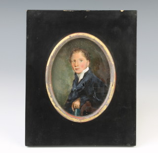 19th Century oil, oval miniature, unsigned, portrait of a young gentleman 11cm x 8cm 