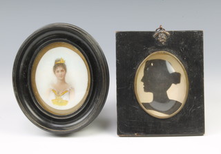 19th Century over painted watercolour, miniature portrait of a lady 8cm x 6cm together with a modern silhouette do. 8cm x 6cm 