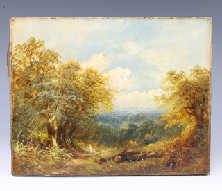A Victorian oil on canvas unsigned, a figure in an extensive landscape 20cm x 26cm 