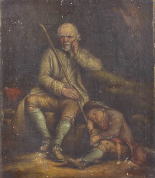 19th Century oil on canvas, unsigned, an elderly gentleman with a sleeping child at his feet 36cm x 30cm 