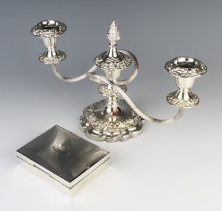 A rectangular silver engine turned cigarette box, Birmingham 1977 3cm x 11cm x 9cm together with a silver plated 3 light candelabrum 