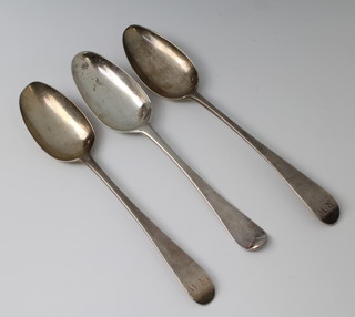 A George III silver table spoon, Newcastle 1787 and 2 others, maker John Langmans The First and John Robertson The First,  177 grams 