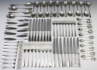 A canteen of silver rat tail cutlery Sheffield 1993 comprising 8 tea spoons, 8 coffee spoons, 8 soup spoons, 8 dessert spoons, 4 table spoons, 8 dinner forks, 8 dessert forks, 8 fish eaters, 8 fish knives, 8 dinner knives and 8 dessert knives, Sheffield 1993, 3895 grams (excluding the knives) Maker United Cutlers Limited