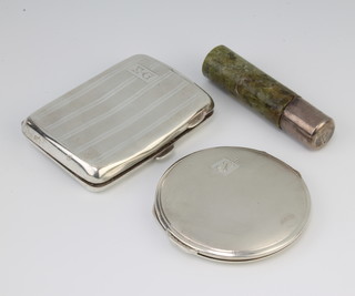 A silver engine turned cigarette case Birmingham 1927, a do. compact and a scent bottle 