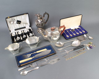 A 3 piece silver plated octagonal tea set and minor plated items