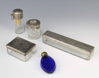 A Victorian blue glass scent bottle with plated mount, 4 others 