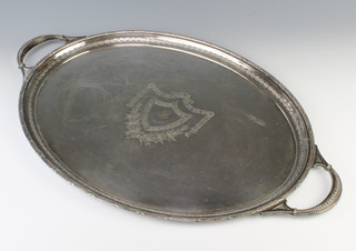 An Edwardian oval silver plated 2 handled tray with armorial by Walker & Hall 67cm 