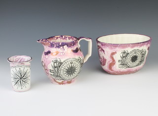 A glazed pottery Sunderland lustre style jugs 14cm, a do. vase 9cm and a do. jelly mould 20cm 