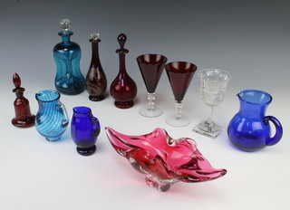 A Studio cranberry glass dish 27cm and minor coloured glassware 