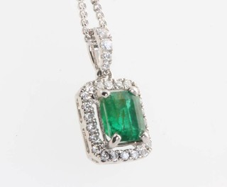 An 18ct white gold emerald and diamond pendant the centre stone approx. 0.3ct surrounded by brilliant cut diamonds approx. 0.19ct on a white gold chain 