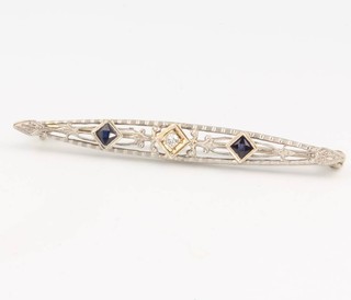 A 14ct white gold diamond and sapphire bar brooch 50mm 