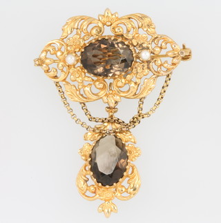 A 9ct yellow gold Victorian style smoky quartz and seed pearl 2 section brooch 