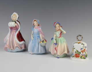Two Royal Doulton figures - Babie HN1679 12cm, Wendy HN2109 13cm and a Paragon figure - Miss Susan 15cm together with an Aynsley bell 8cm 
