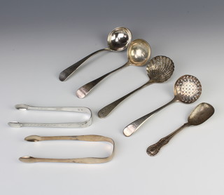 A George IV silver sauce ladle, London 1822, 1 other, 2 sifter spoons, a spoon and a pair of nips 274 grams 