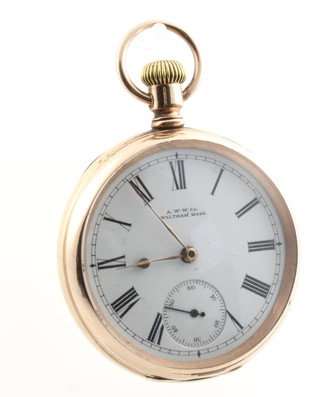 A gentleman's gold plated pocket watch with seconds at 6 o'clock, the dial inscribed A.W.W Co Waltham Mass