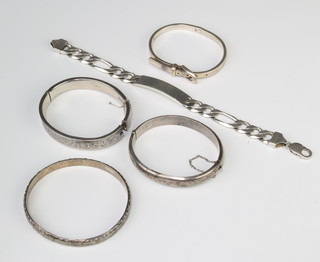 A silver identity bracelet and 4 bangles 123 grams