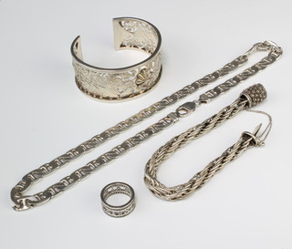 A silver pierced bangle and minor silver jewellery 174 grams 