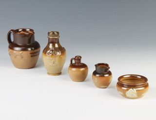 A Doulton Lambeth table salt 5cm, 2 miniature jugs, a vase and hunting jug