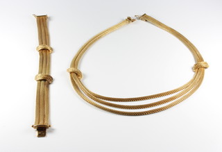 A 14ct yellow gold 3 strand necklace and ensuite bracelet, 85 grams 