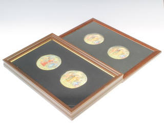 Four pot lids of muses, framed, a pair 