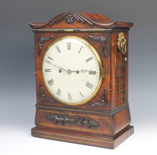M & W Dilger.  A Georgian fusee striking bracket clock with 20cm dial, contained in a shaped mahogany case with brass grills to the sides, having a 13cm plain back plate, together with an associated bracket 