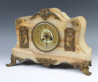 A French 8 day striking mantel clock with gilt dial and Arabic numerals contained in a white veined marble case 