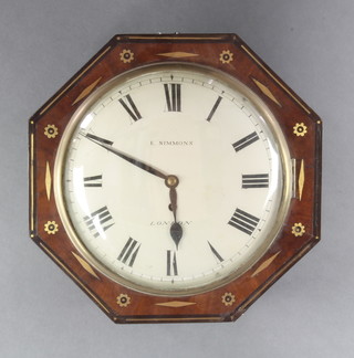 E Simmons of London, a 19th Century fusee wall clock with 25cm painted dial and 10cm back plate, contained in an octagonal brass inlaid rosewood case 34cm 
